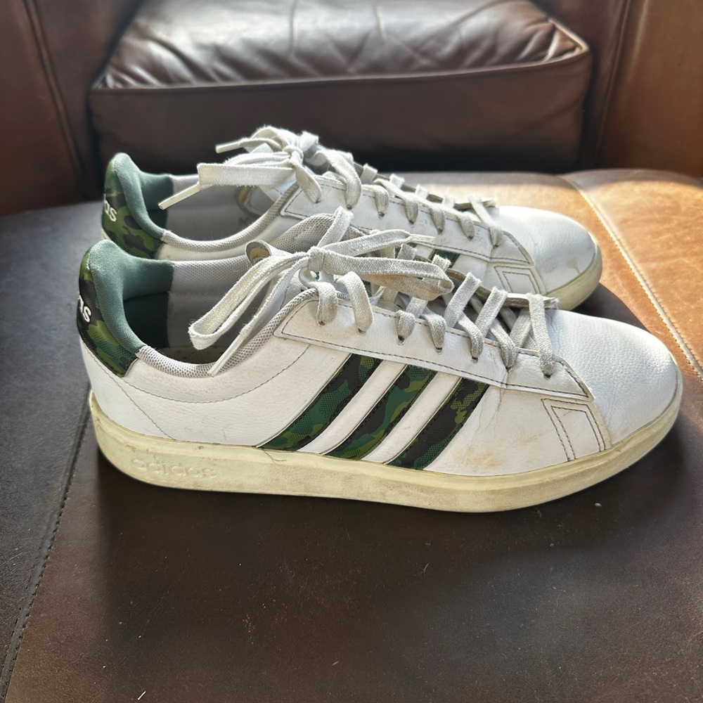Adidas Men’s White Sneakers with Green Camo Stripes
